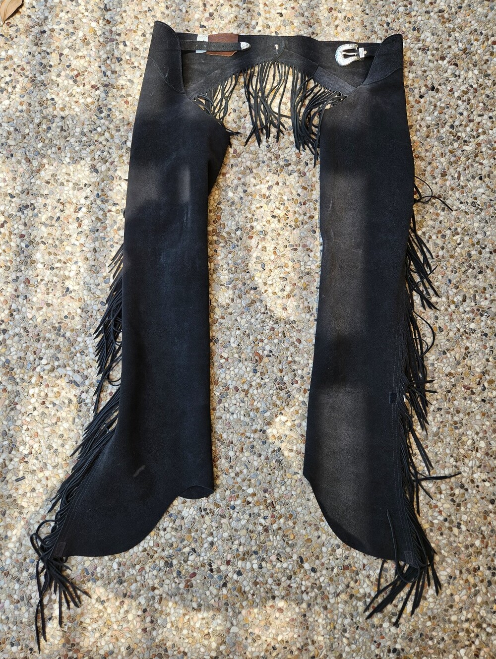 Circle Y Brand Black Leather Suede Chaps Adult XS Fringe German Silver Buckle